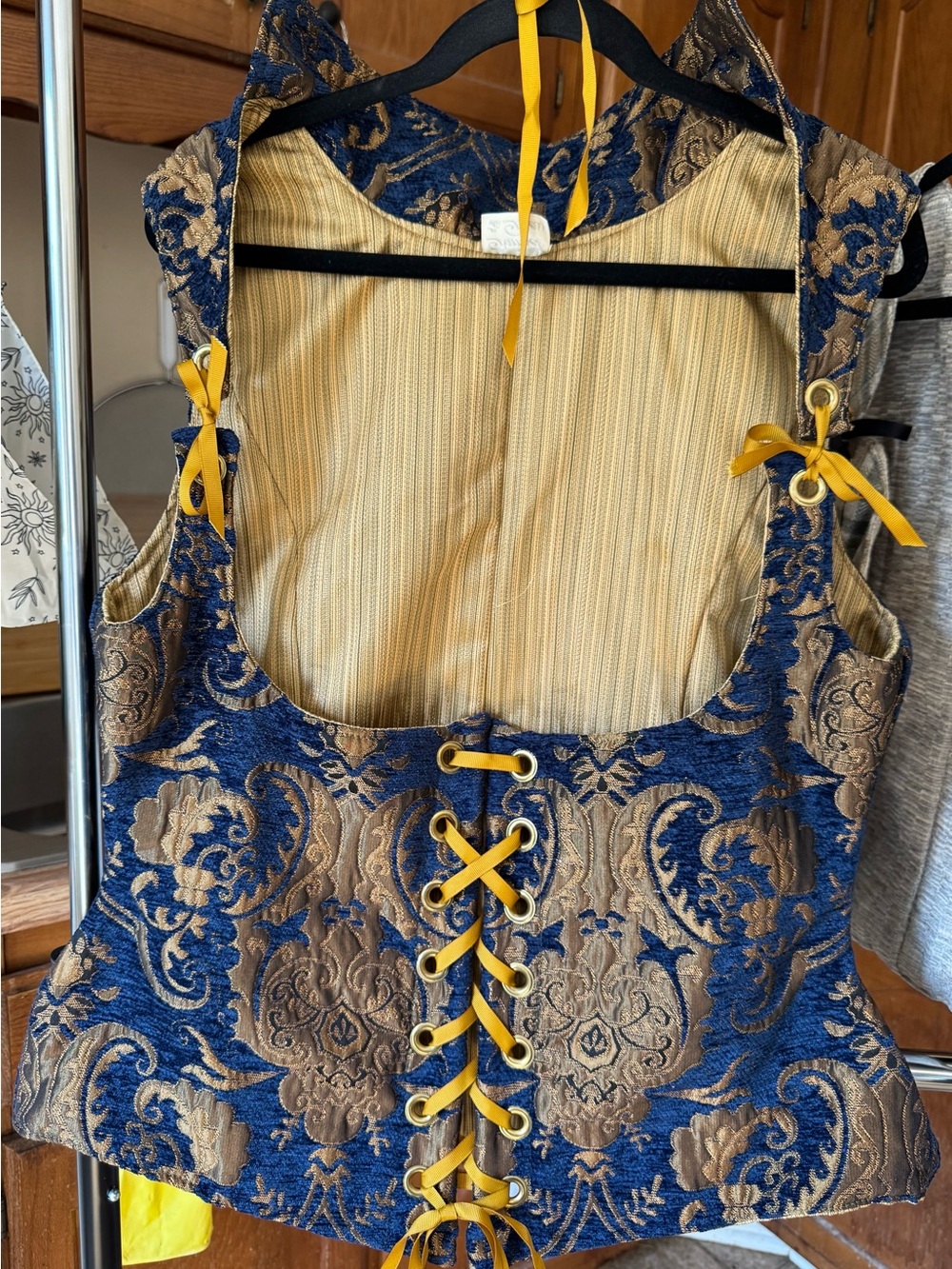Blue and Gold Brocade Lace-Up Formal Bodice Top by